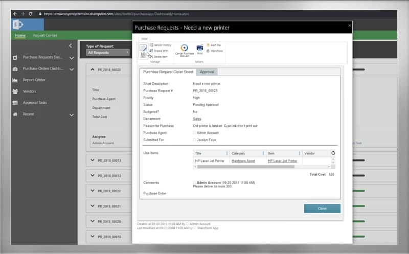 sharepoint or office 365 purchase order system crow canyon
