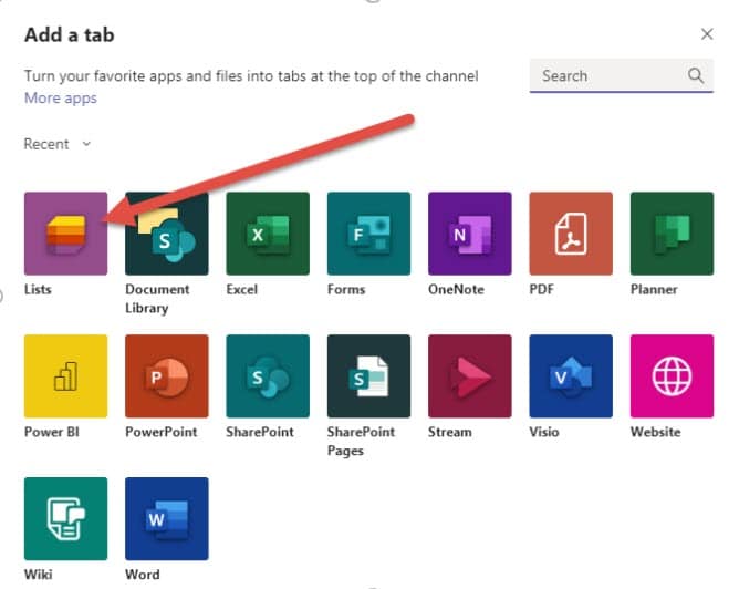 Microsoft List screen grab