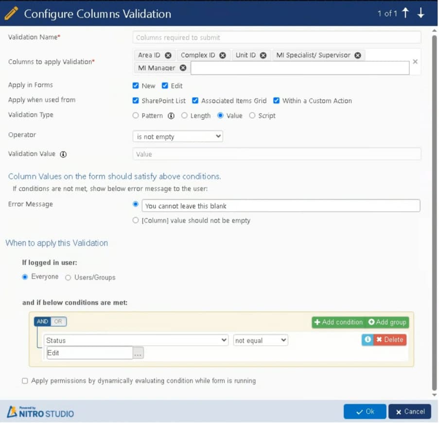 Figure 3. Setting required fields and the message the user sees.