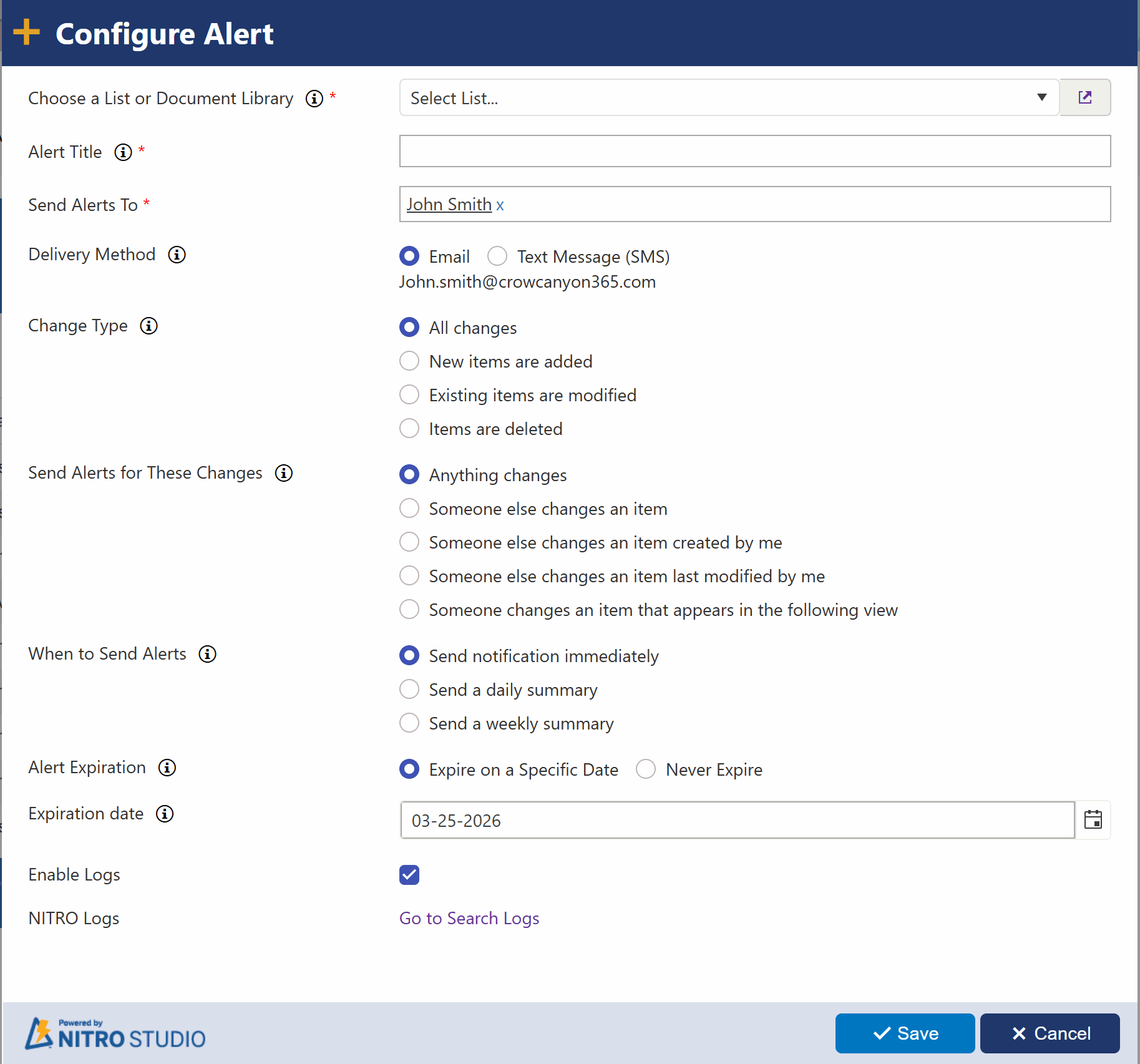 NITRO Alert Settings pages Laptop displaying NITRO Forms Designer